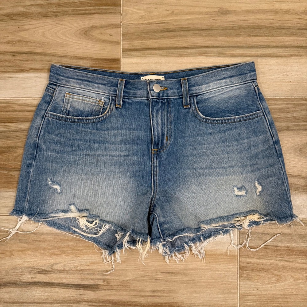 L'AGENCE Audrey Mid Rise Shorts Westport Blue Distressed‎ Denim Cut Off Size 28